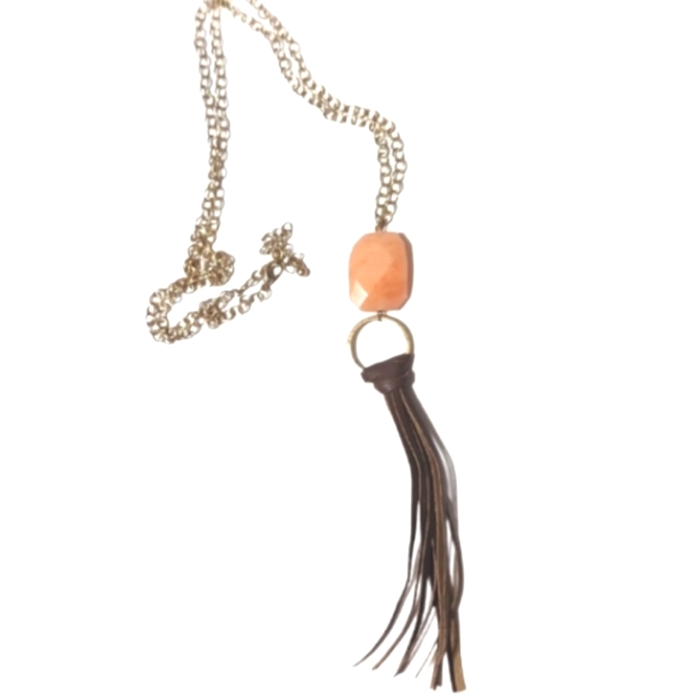 Genuine stone brown leather tassel necklace goldtoned chain